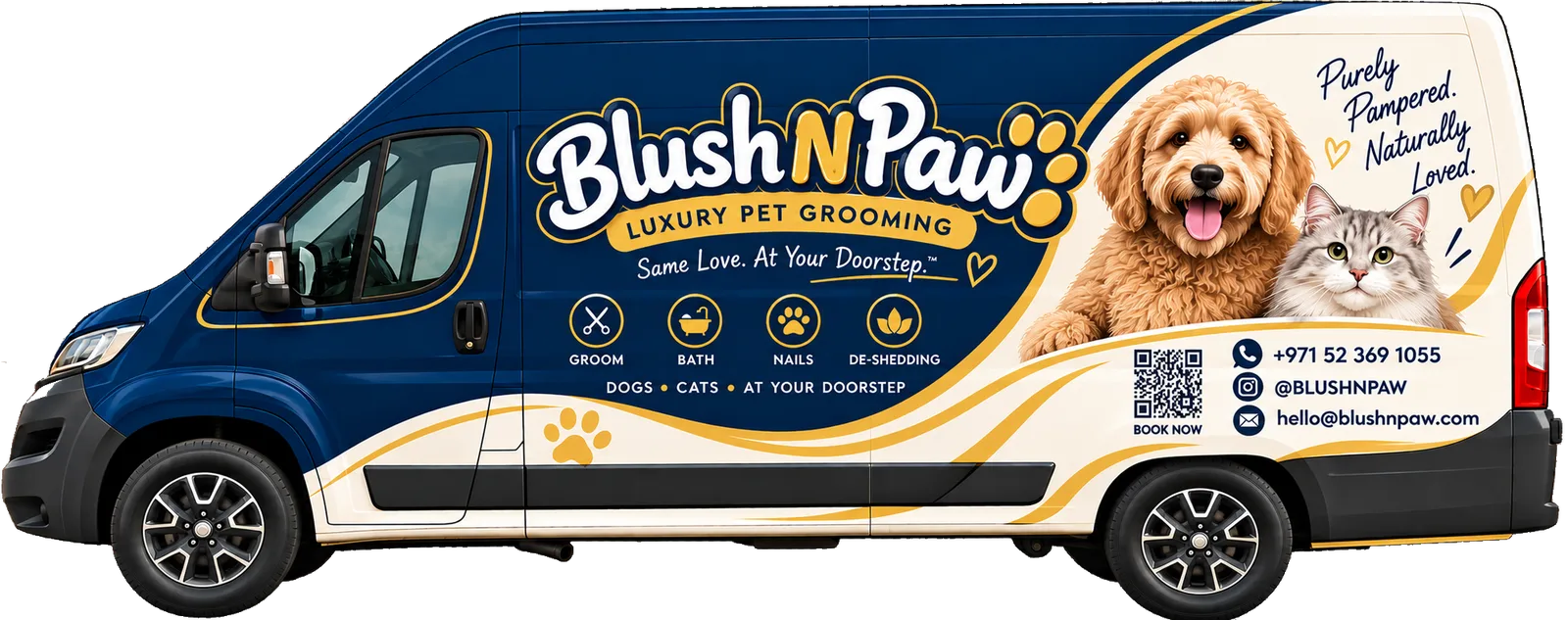 Blush N Paw mobile pet grooming van in Dubai offering grooming, bath, nails and de-shedding for dogs and cats